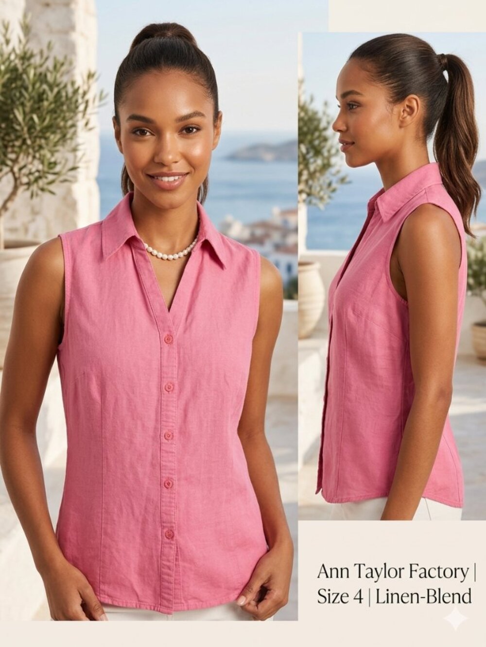 Ann Taylor Factory Pink Linen-Blend Sleeveless Button Down Shirt – Size 4